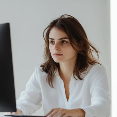vrouw achter computer, geconcentreerd